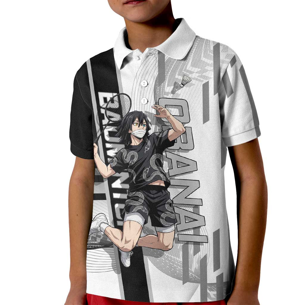 Personalized Obanai Iguro Demon Slayer Badminton Kid Polo Shirt with Racket Action Pose and Black White Graphic Design - The Mazicc