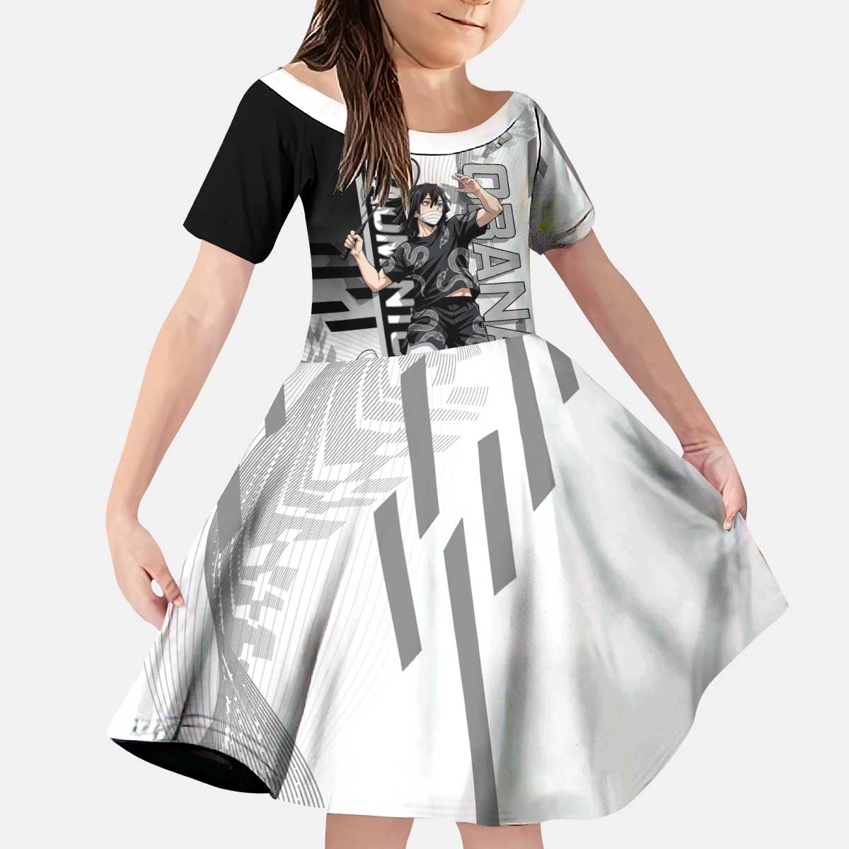 Personalized Obanai Iguro Demon Slayer Badminton Kid Short Sleeve Dress with Racket Action Pose and Black White Graphic Design - The Mazicc