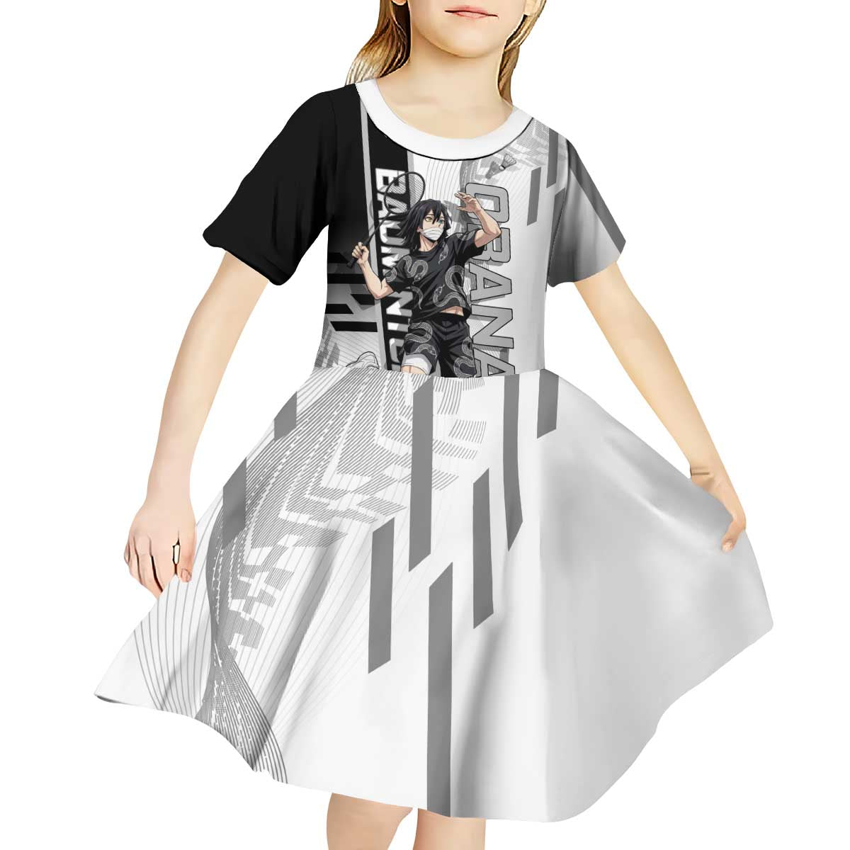 Personalized Obanai Iguro Demon Slayer Badminton Kid Short Sleeve Dress with Racket Action Pose and Black White Graphic Design - The Mazicc
