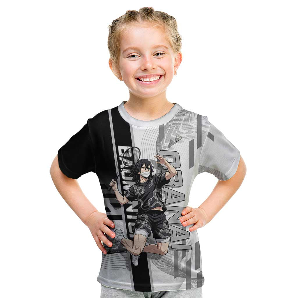 Personalized Obanai Iguro Demon Slayer Badminton Kid T Shirt with Racket Action Pose and Black White Graphic Design - The Mazicc