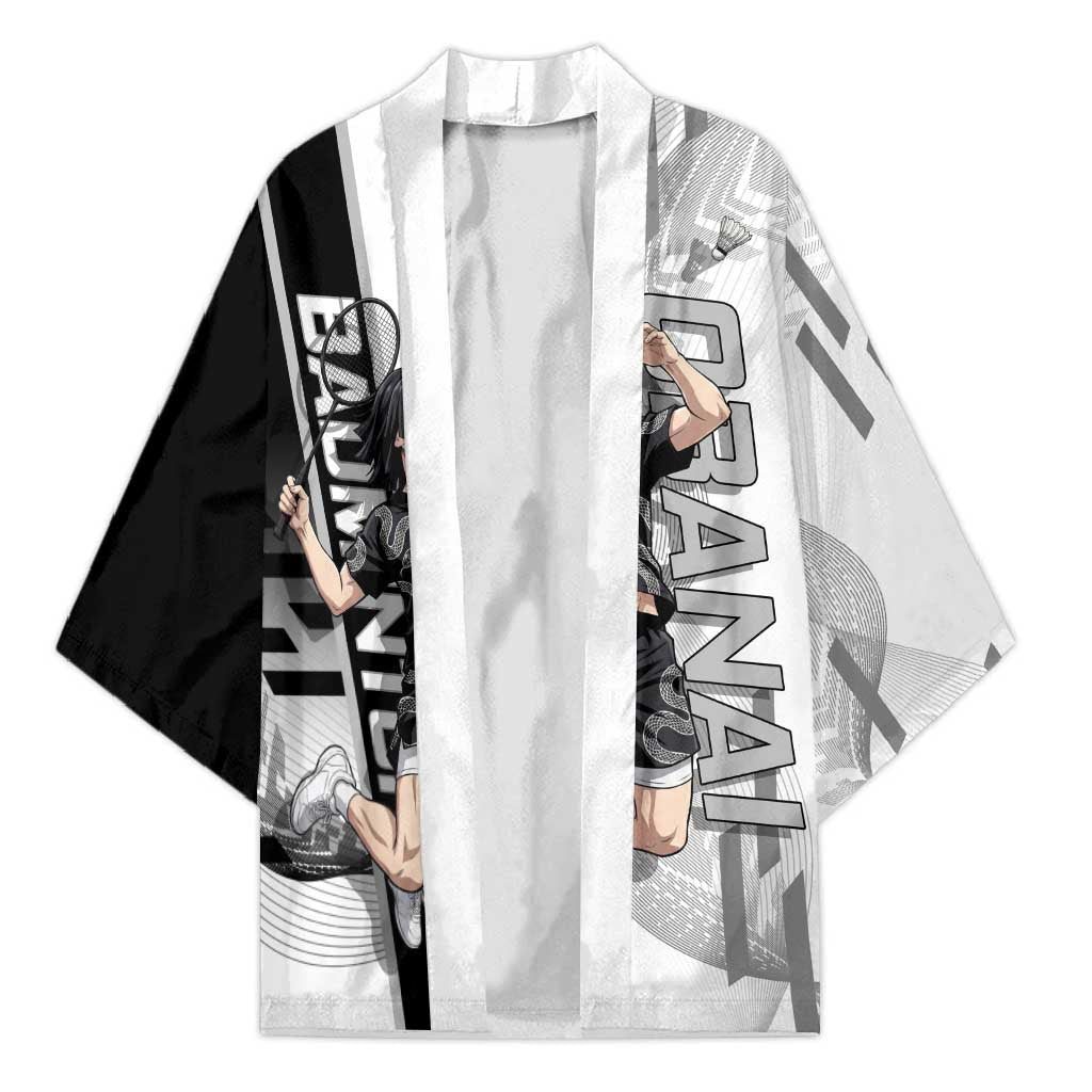 Personalized Obanai Iguro Demon Slayer Badminton Kimono with Racket Action Pose and Black White Graphic Design - The Mazicc
