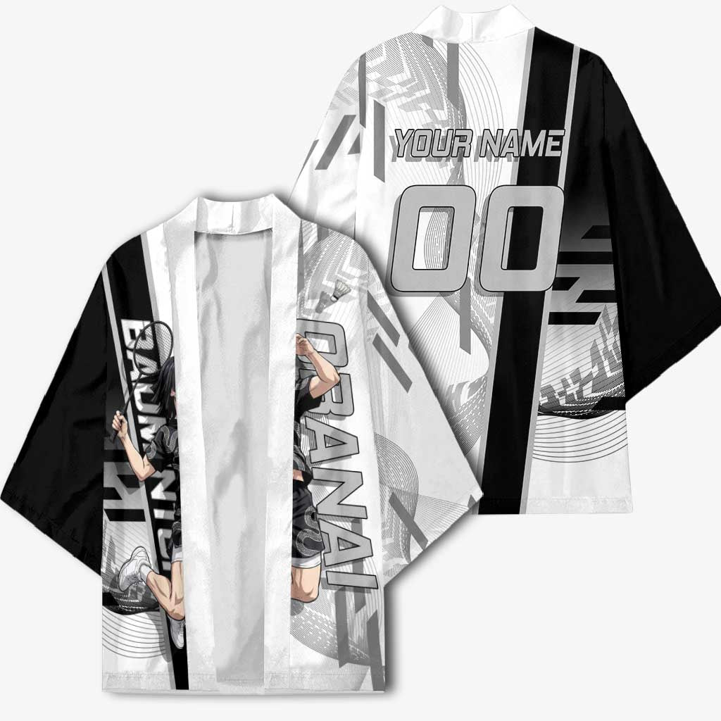 Personalized Obanai Iguro Demon Slayer Badminton Kimono with Racket Action Pose and Black White Graphic Design - The Mazicc