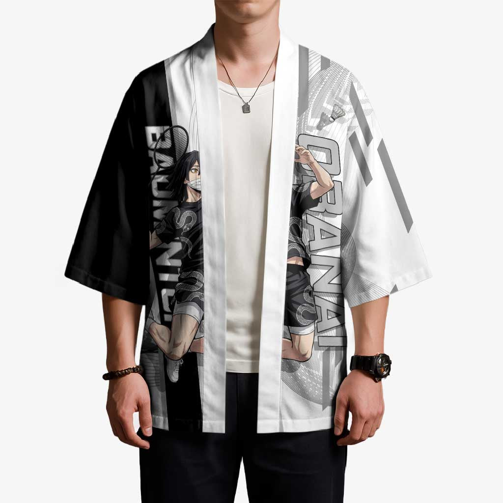 Personalized Obanai Iguro Demon Slayer Badminton Kimono with Racket Action Pose and Black White Graphic Design - The Mazicc