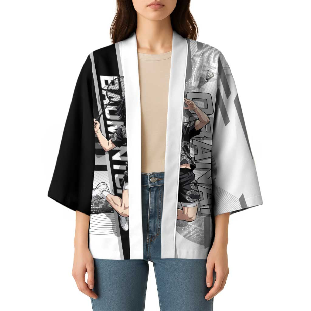 Personalized Obanai Iguro Demon Slayer Badminton Kimono with Racket Action Pose and Black White Graphic Design - The Mazicc
