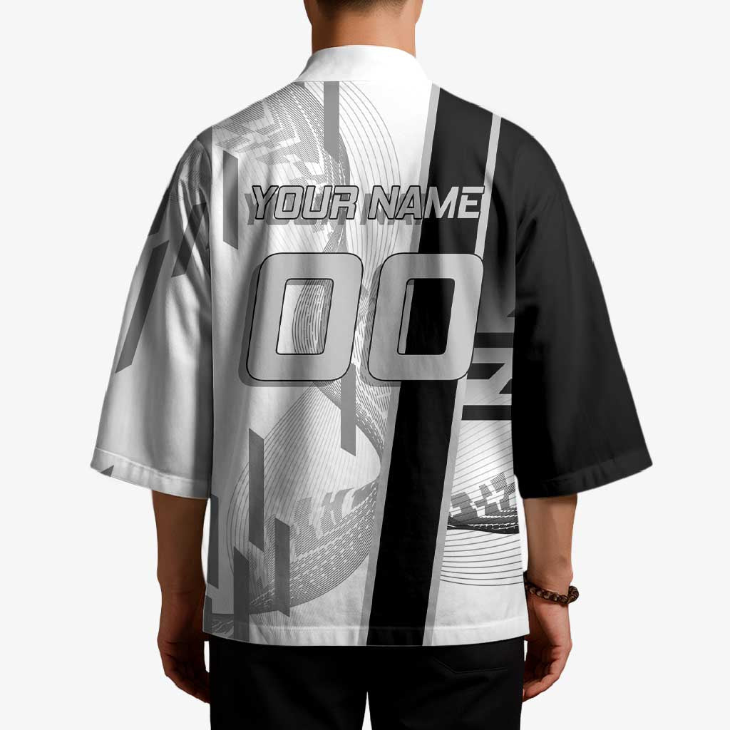 Personalized Obanai Iguro Demon Slayer Badminton Kimono with Racket Action Pose and Black White Graphic Design - The Mazicc