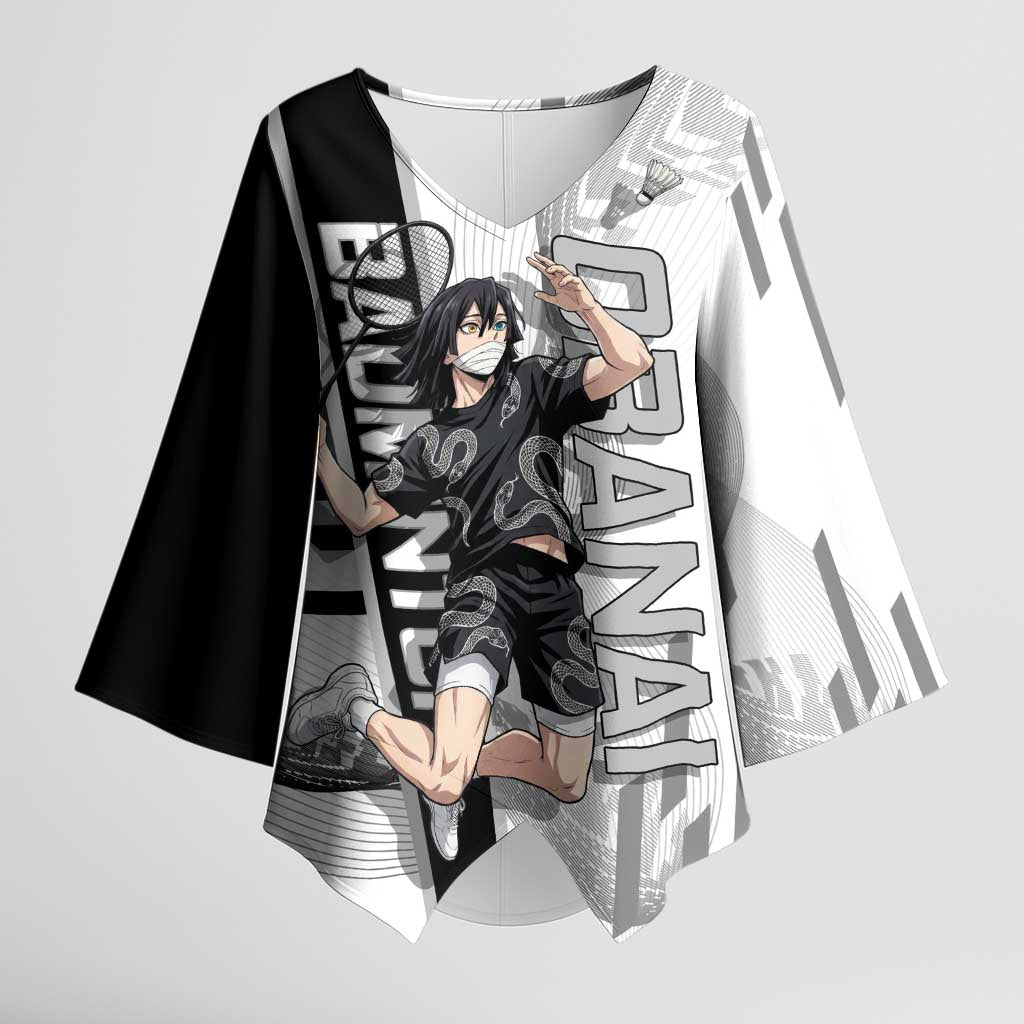 Personalized Obanai Iguro Demon Slayer Badminton Kimono Sleeve Blouse with Racket Action Pose and Black White Graphic Design - The Mazicc