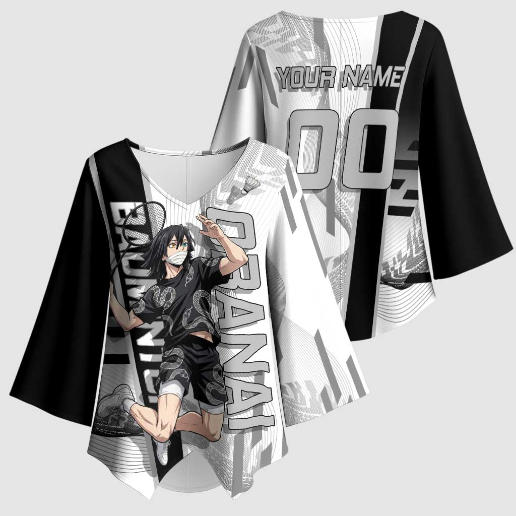 Personalized Obanai Iguro Demon Slayer Badminton Kimono Sleeve Blouse with Racket Action Pose and Black White Graphic Design - The Mazicc