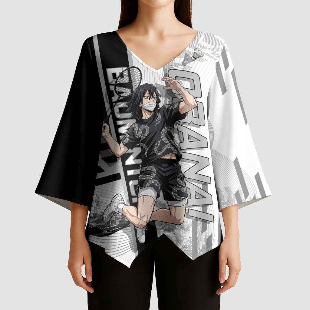 Personalized Obanai Iguro Demon Slayer Badminton Kimono Sleeve Blouse with Racket Action Pose and Black White Graphic Design - The Mazicc