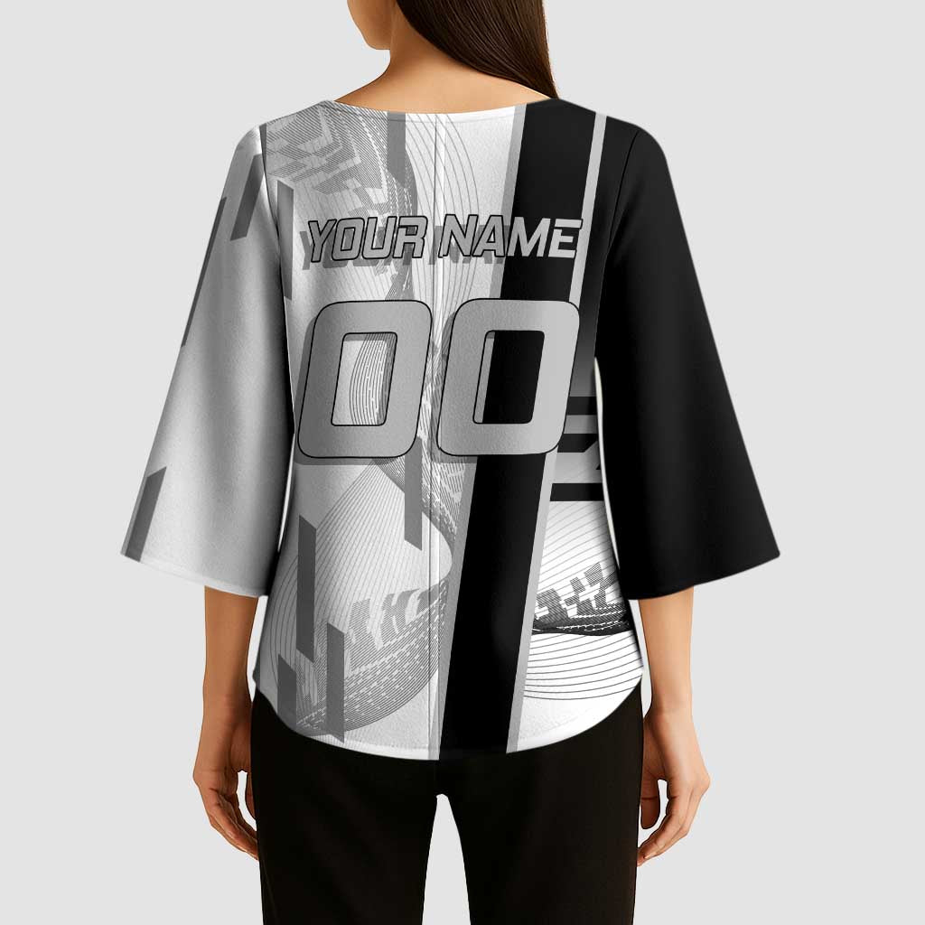 Personalized Obanai Iguro Demon Slayer Badminton Kimono Sleeve Blouse with Racket Action Pose and Black White Graphic Design - The Mazicc
