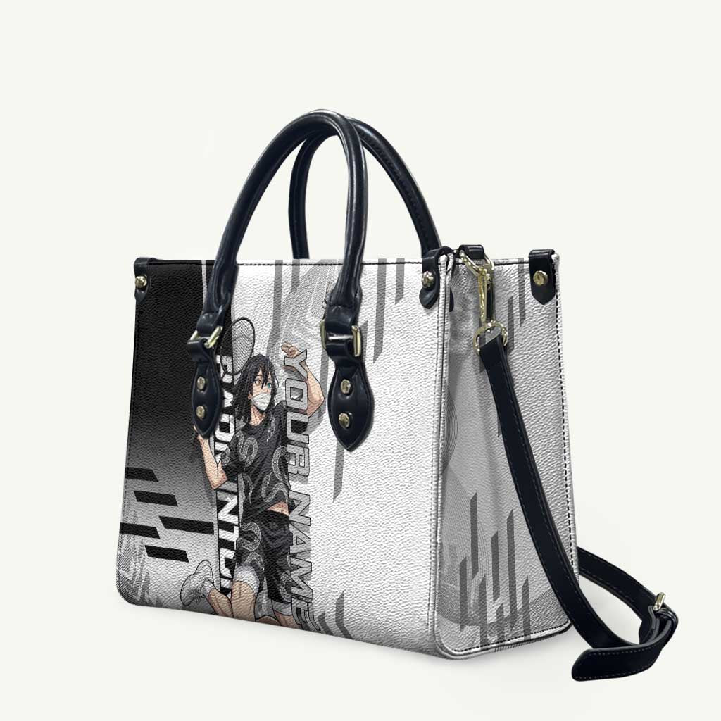 Personalized Obanai Iguro Demon Slayer Badminton Leather Bag with Racket Action Pose and Black White Graphic Design - The Mazicc