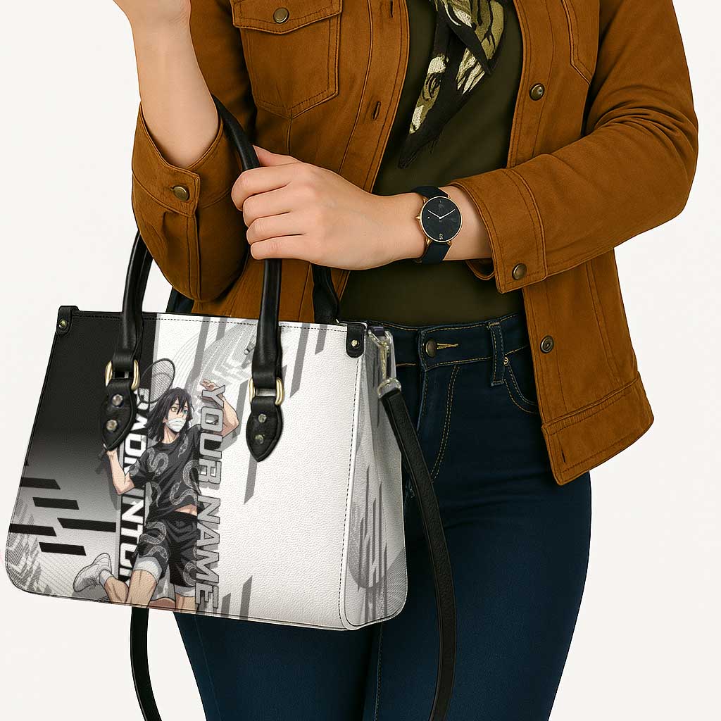 Personalized Obanai Iguro Demon Slayer Badminton Leather Bag with Racket Action Pose and Black White Graphic Design - The Mazicc