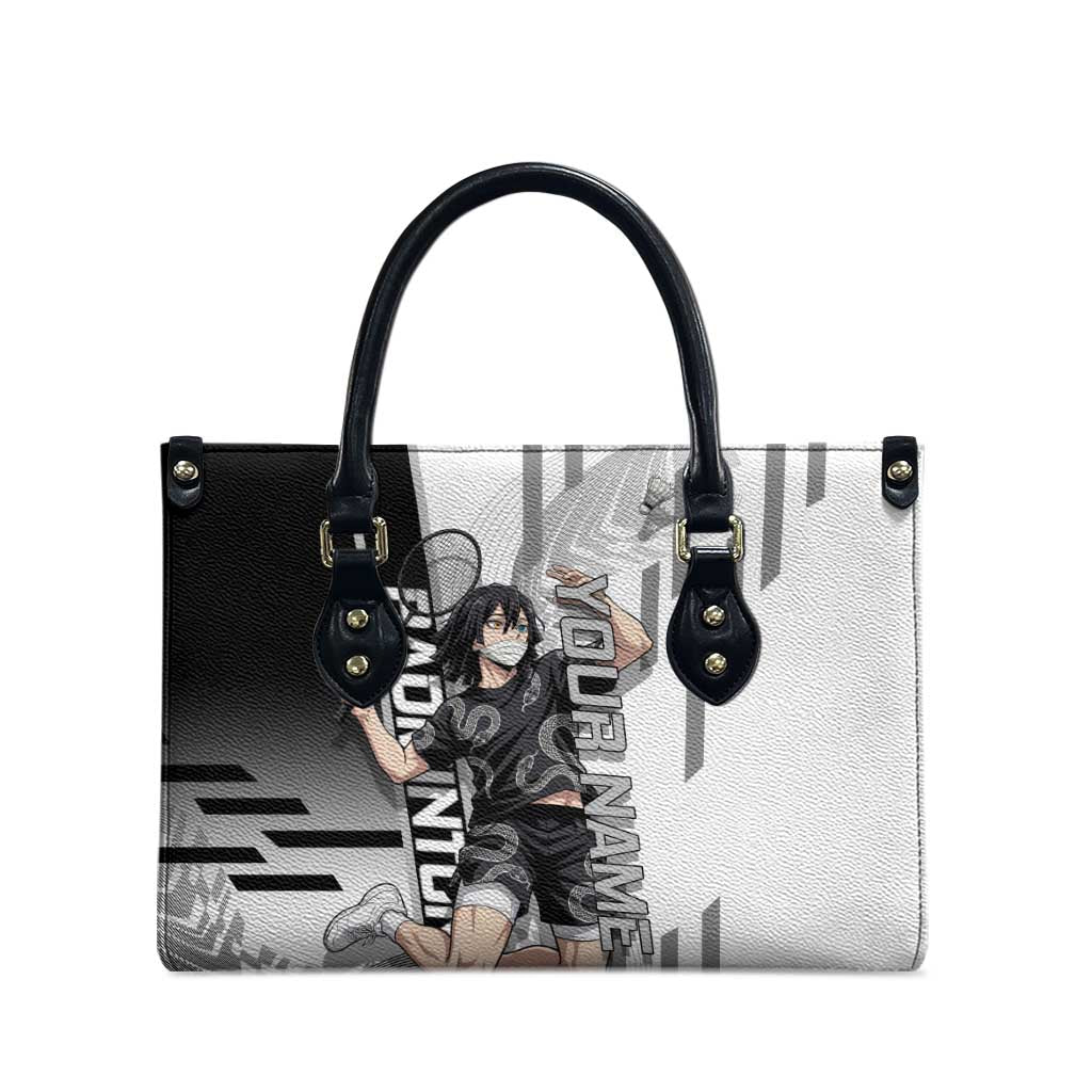 Personalized Obanai Iguro Demon Slayer Badminton Leather Bag with Racket Action Pose and Black White Graphic Design - The Mazicc