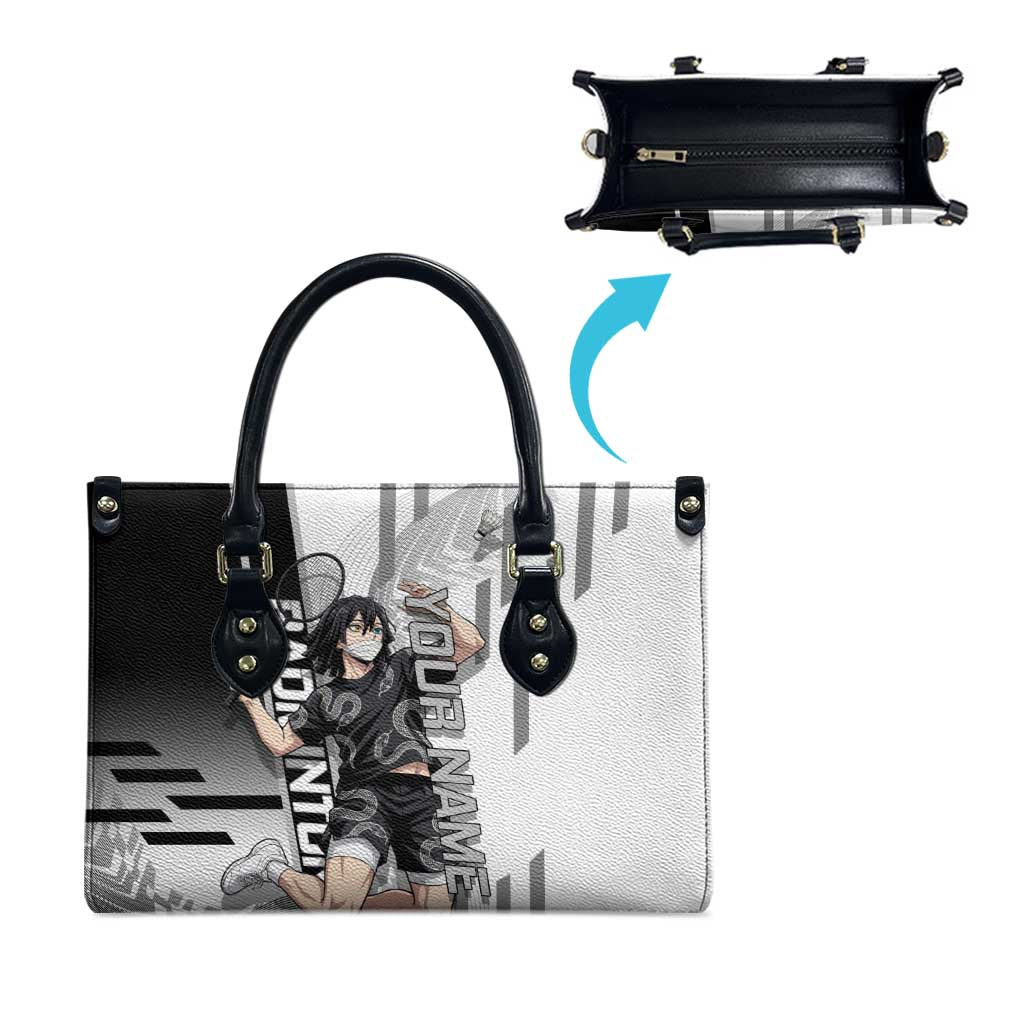 Personalized Obanai Iguro Demon Slayer Badminton Leather Bag with Racket Action Pose and Black White Graphic Design - The Mazicc