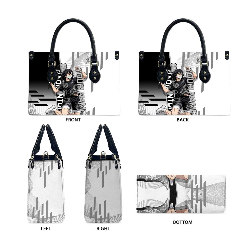 Personalized Obanai Iguro Demon Slayer Badminton Leather Bag with Racket Action Pose and Black White Graphic Design - The Mazicc