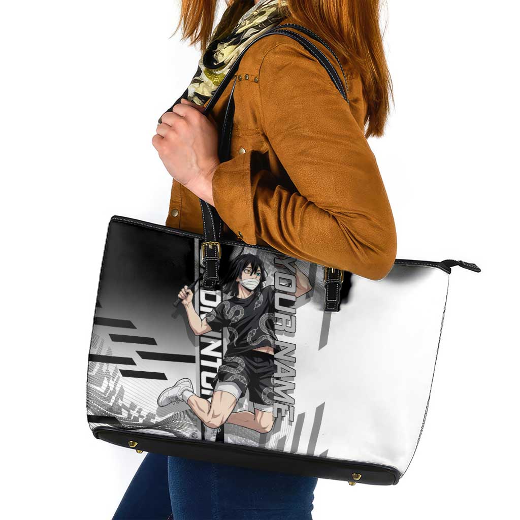 Personalized Obanai Iguro Demon Slayer Badminton Leather Tote Bag with Racket Action Pose and Black White Graphic Design - The Mazicc