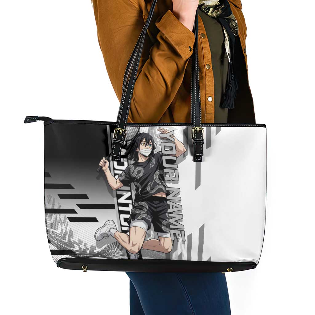 Personalized Obanai Iguro Demon Slayer Badminton Leather Tote Bag with Racket Action Pose and Black White Graphic Design - The Mazicc