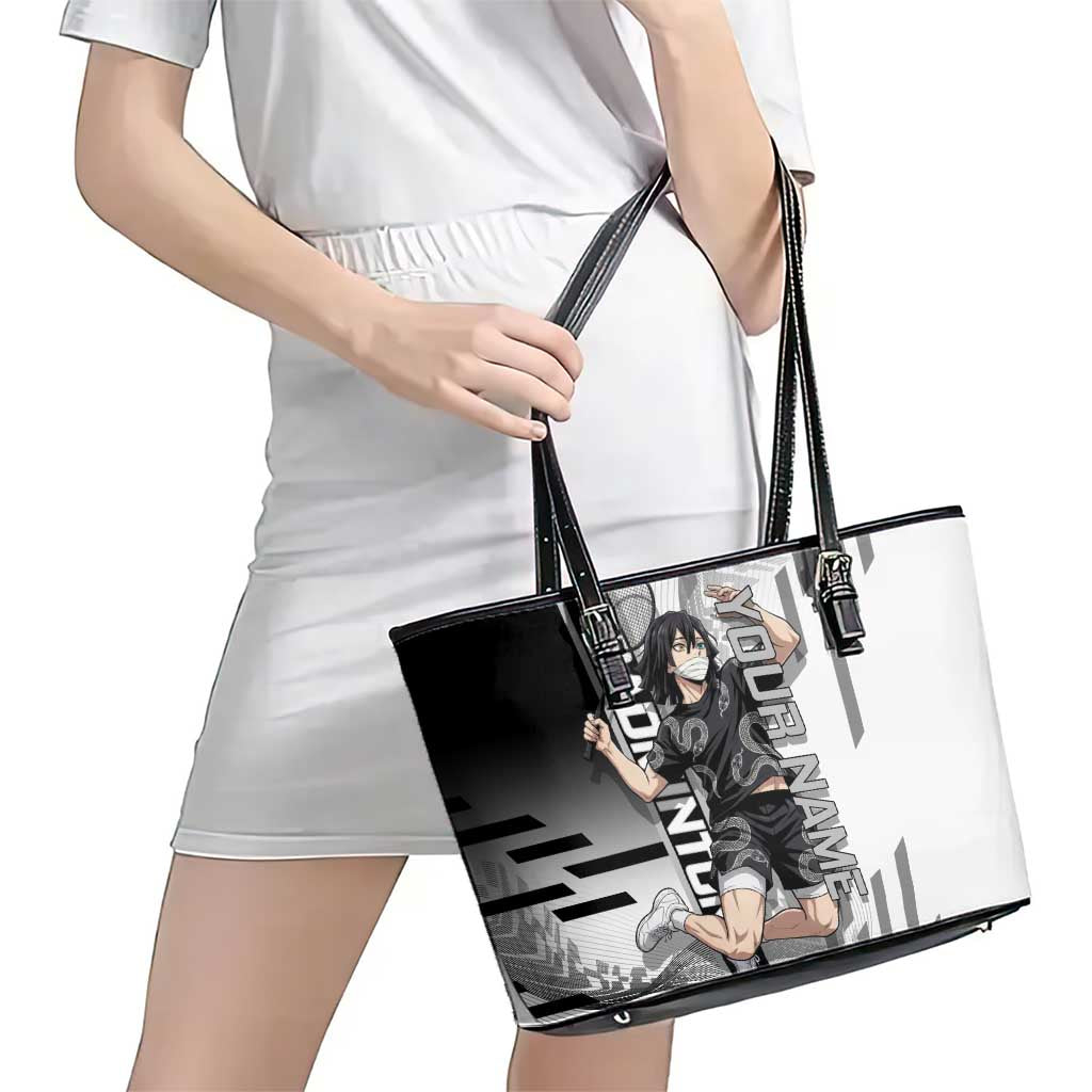 Personalized Obanai Iguro Demon Slayer Badminton Leather Tote Bag with Racket Action Pose and Black White Graphic Design - The Mazicc