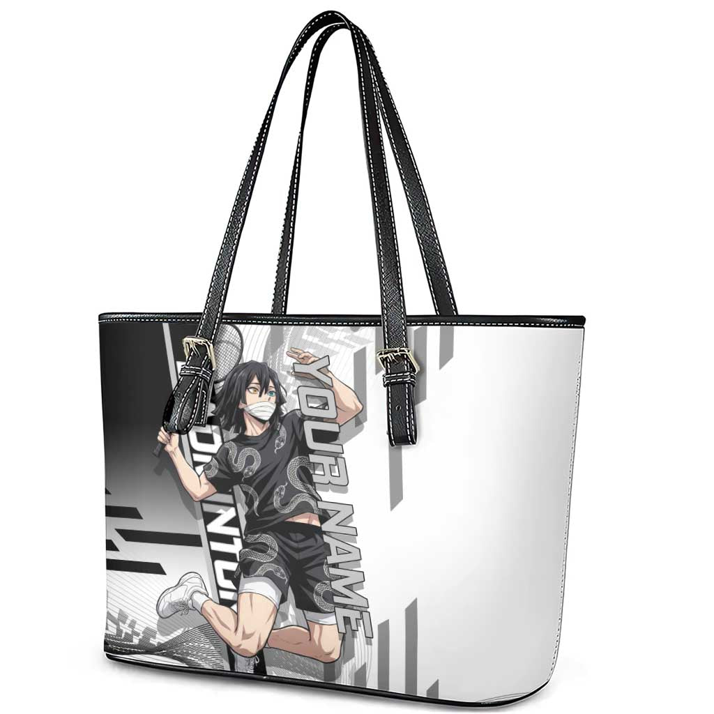 Personalized Obanai Iguro Demon Slayer Badminton Leather Tote Bag with Racket Action Pose and Black White Graphic Design - The Mazicc