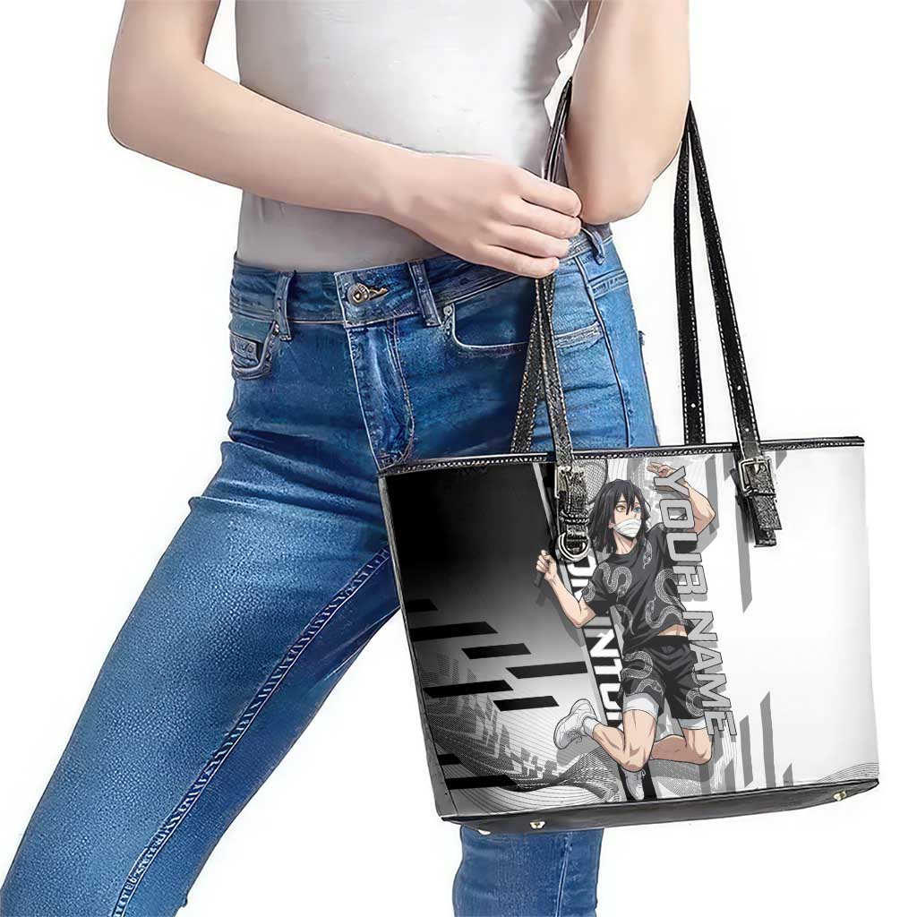 Personalized Obanai Iguro Demon Slayer Badminton Leather Tote Bag with Racket Action Pose and Black White Graphic Design - The Mazicc