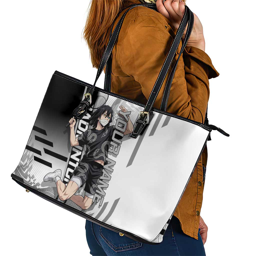Personalized Obanai Iguro Demon Slayer Badminton Leather Tote Bag with Racket Action Pose and Black White Graphic Design - The Mazicc