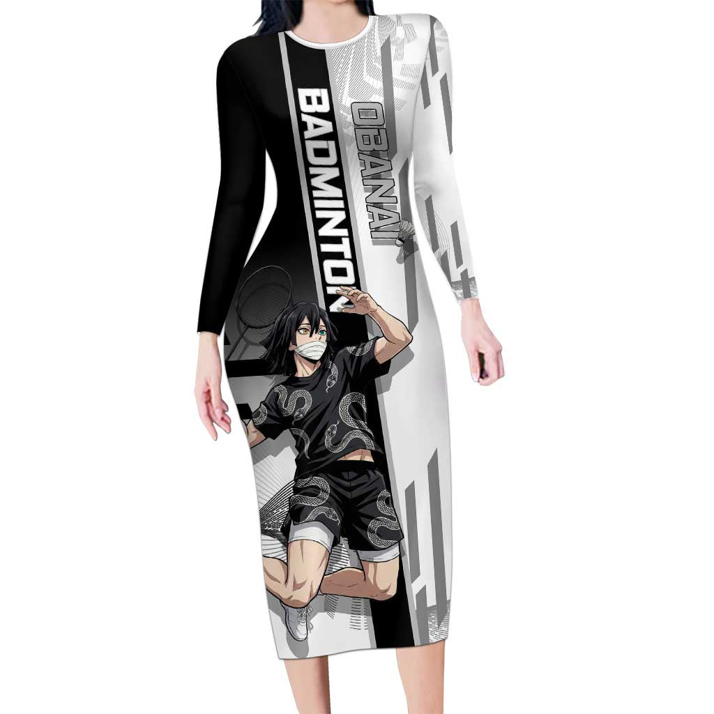 Personalized Obanai Iguro Demon Slayer Badminton Long Sleeve Bodycon Dress with Racket Action Pose and Black White Graphic Design - The Mazicc