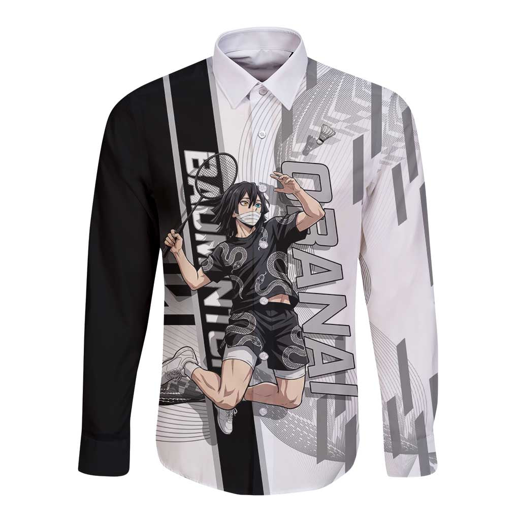 Personalized Obanai Iguro Demon Slayer Badminton Long Sleeve Button Shirt with Racket Action Pose and Black White Graphic Design - The Mazicc