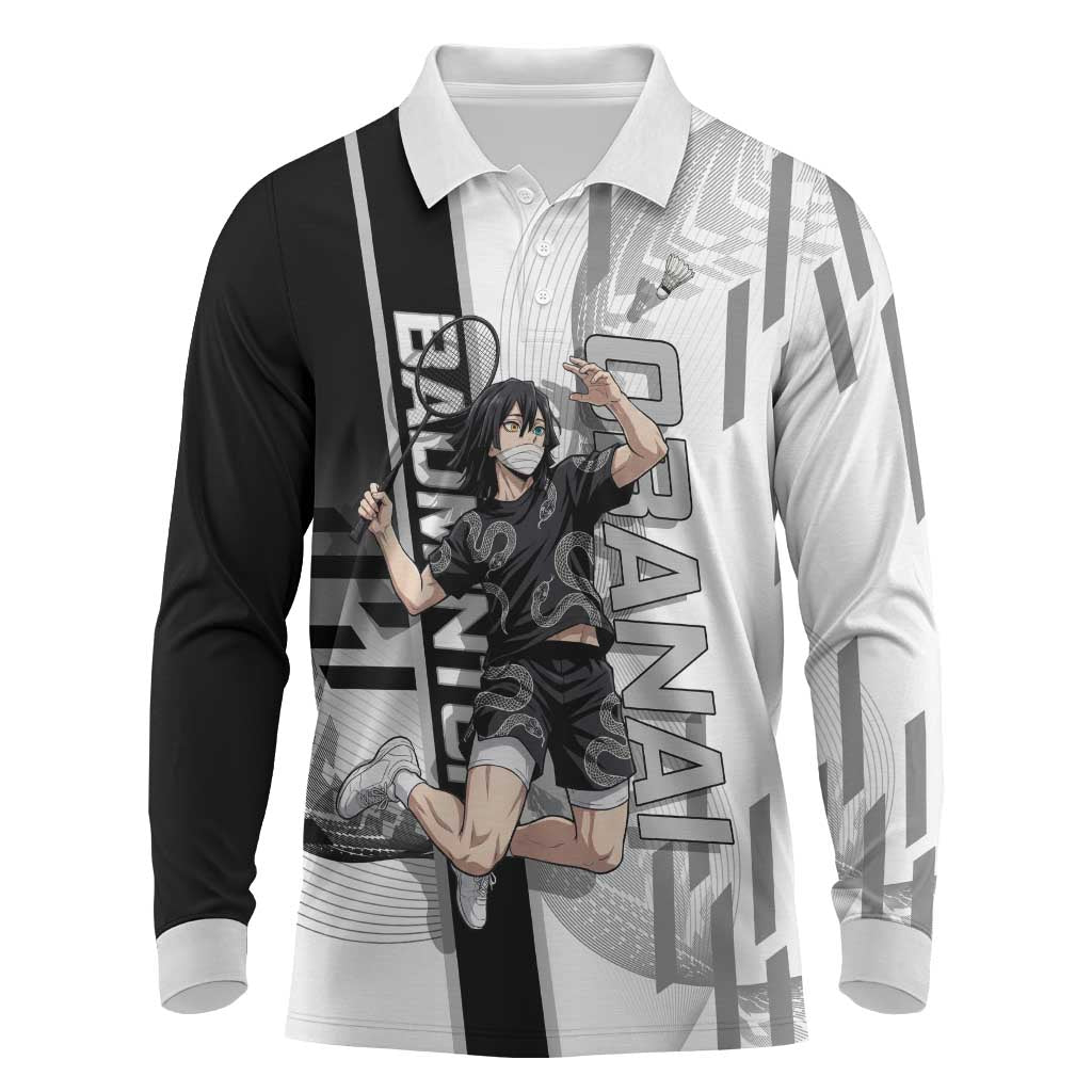 Personalized Obanai Iguro Demon Slayer Badminton Long Sleeve Polo Shirt with Racket Action Pose and Black White Graphic Design - The Mazicc