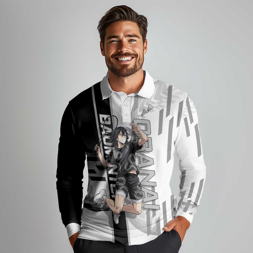 Personalized Obanai Iguro Demon Slayer Badminton Long Sleeve Polo Shirt with Racket Action Pose and Black White Graphic Design - The Mazicc