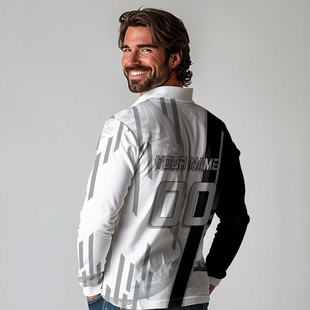 Personalized Obanai Iguro Demon Slayer Badminton Long Sleeve Polo Shirt with Racket Action Pose and Black White Graphic Design - The Mazicc