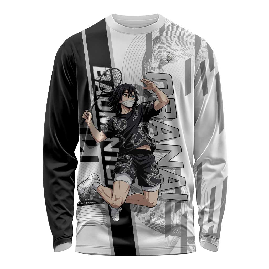 Personalized Obanai Iguro Demon Slayer Badminton Long Sleeve Shirt with Racket Action Pose and Black White Graphic Design - The Mazicc