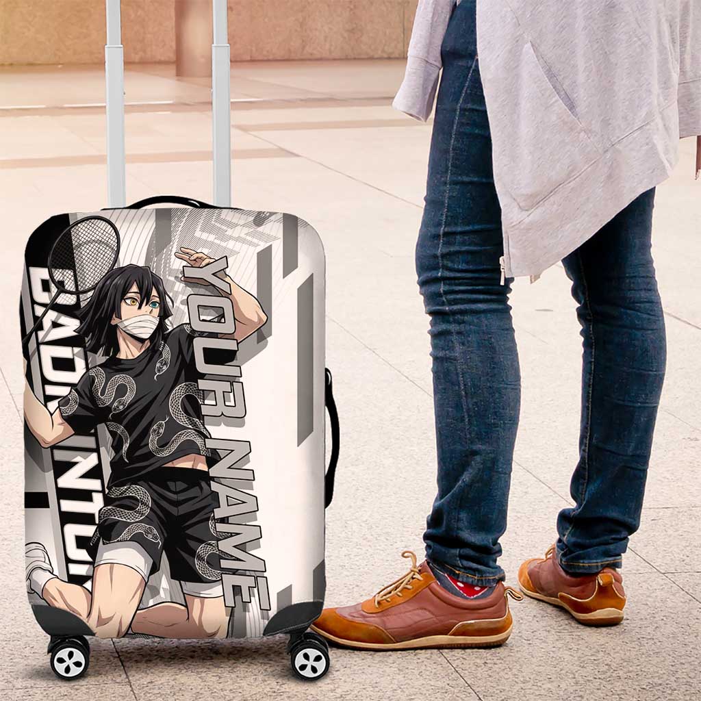Personalized Obanai Iguro Demon Slayer Badminton Luggage Cover with Racket Action Pose and Black White Graphic Design - The Mazicc