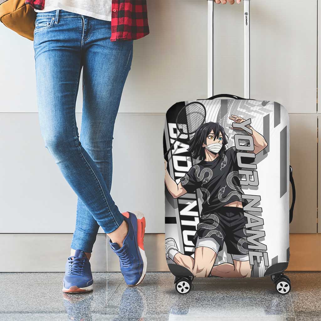 Personalized Obanai Iguro Demon Slayer Badminton Luggage Cover with Racket Action Pose and Black White Graphic Design - The Mazicc