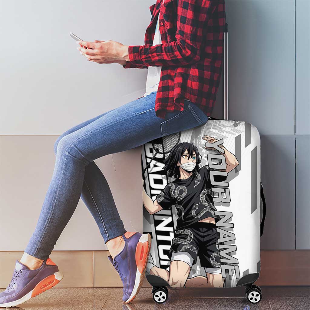 Personalized Obanai Iguro Demon Slayer Badminton Luggage Cover with Racket Action Pose and Black White Graphic Design - The Mazicc
