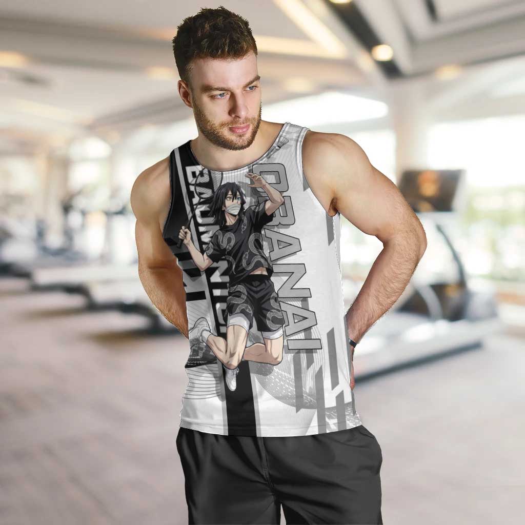 Personalized Obanai Iguro Demon Slayer Badminton Men Tank Top with Racket Action Pose and Black White Graphic Design - The Mazicc
