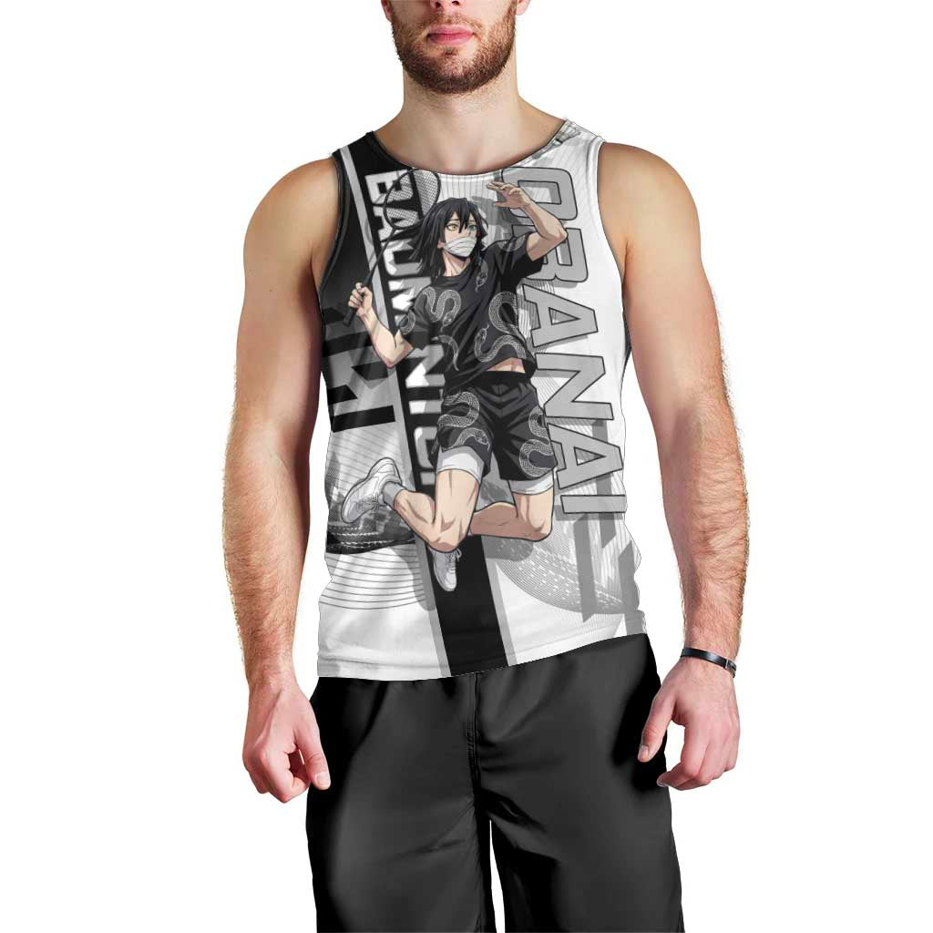 Personalized Obanai Iguro Demon Slayer Badminton Men Tank Top with Racket Action Pose and Black White Graphic Design - The Mazicc
