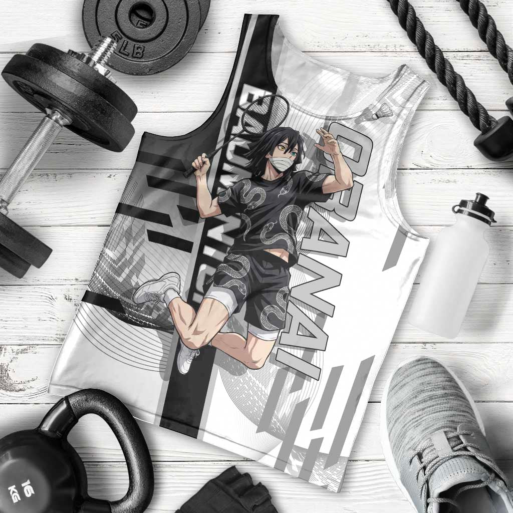 Personalized Obanai Iguro Demon Slayer Badminton Men Tank Top with Racket Action Pose and Black White Graphic Design - The Mazicc