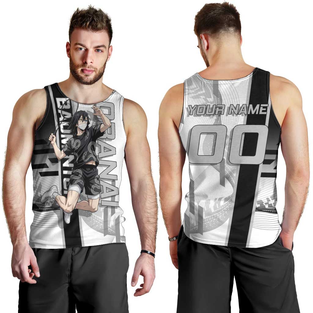 Personalized Obanai Iguro Demon Slayer Badminton Men Tank Top with Racket Action Pose and Black White Graphic Design - The Mazicc