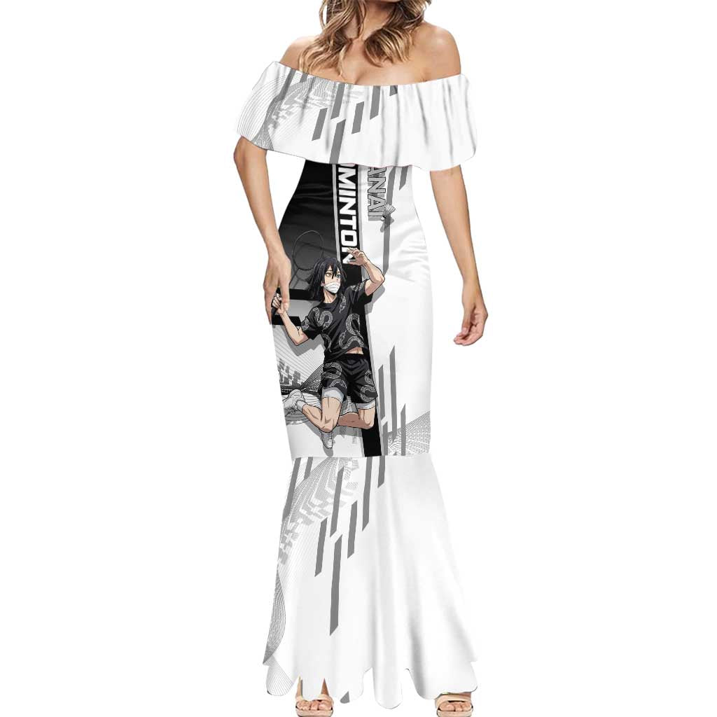 Personalized Obanai Iguro Demon Slayer Badminton Mermaid Dress with Racket Action Pose and Black White Graphic Design - The Mazicc