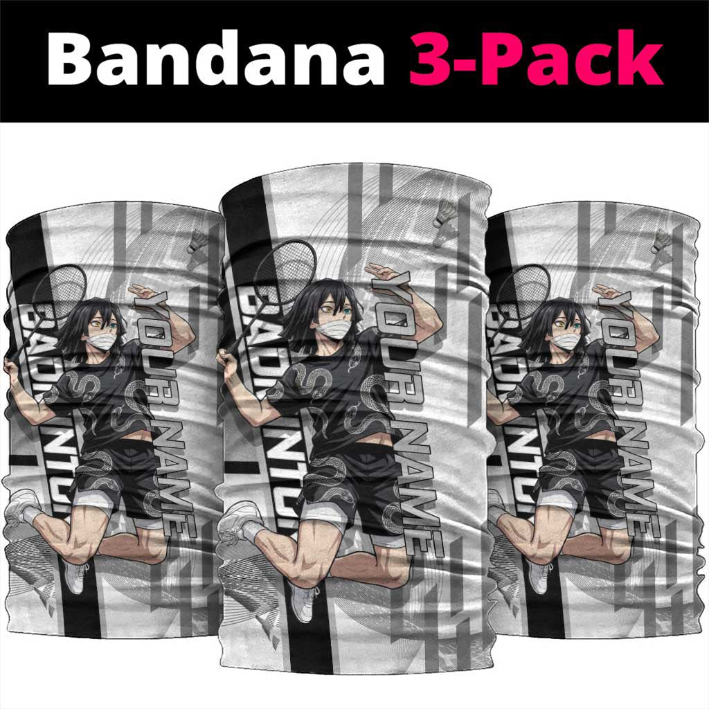 Personalized Obanai Iguro Demon Slayer Badminton Neck Gaiter with Racket Action Pose and Black White Graphic Design - The Mazicc