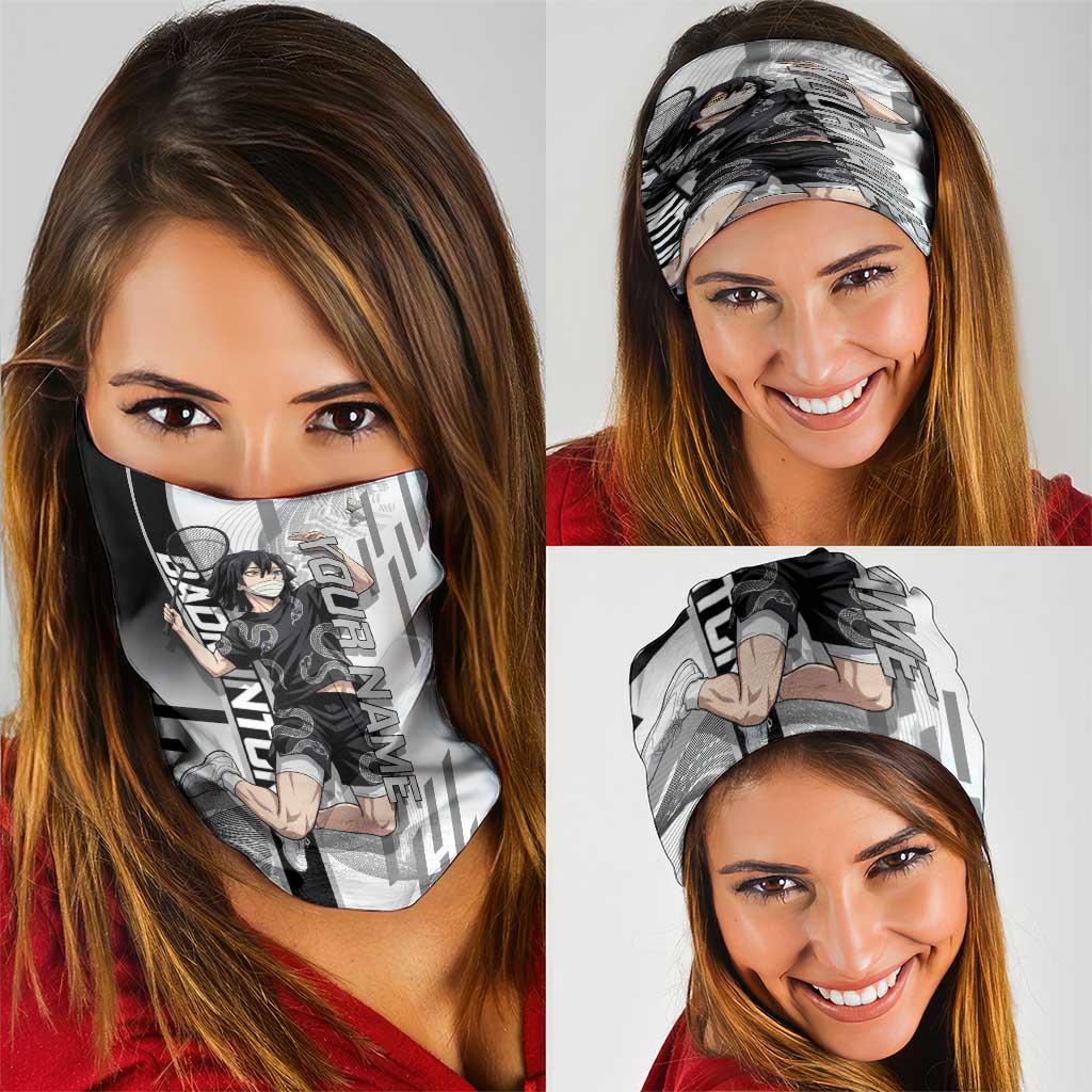 Personalized Obanai Iguro Demon Slayer Badminton Neck Gaiter with Racket Action Pose and Black White Graphic Design - The Mazicc