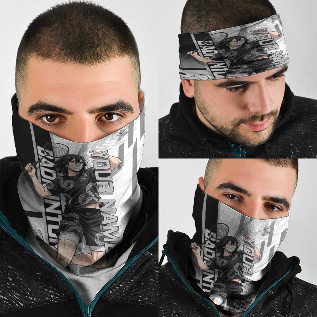 Personalized Obanai Iguro Demon Slayer Badminton Neck Gaiter with Racket Action Pose and Black White Graphic Design - The Mazicc