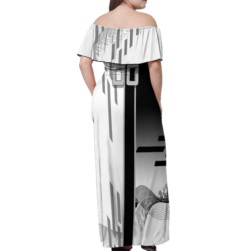 Personalized Obanai Iguro Demon Slayer Badminton Off Shoulder Maxi Dress with Racket Action Pose and Black White Graphic Design - The Mazicc