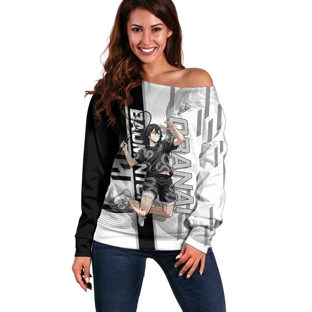 Personalized Obanai Iguro Demon Slayer Badminton Off Shoulder Sweater with Racket Action Pose and Black White Graphic Design - The Mazicc