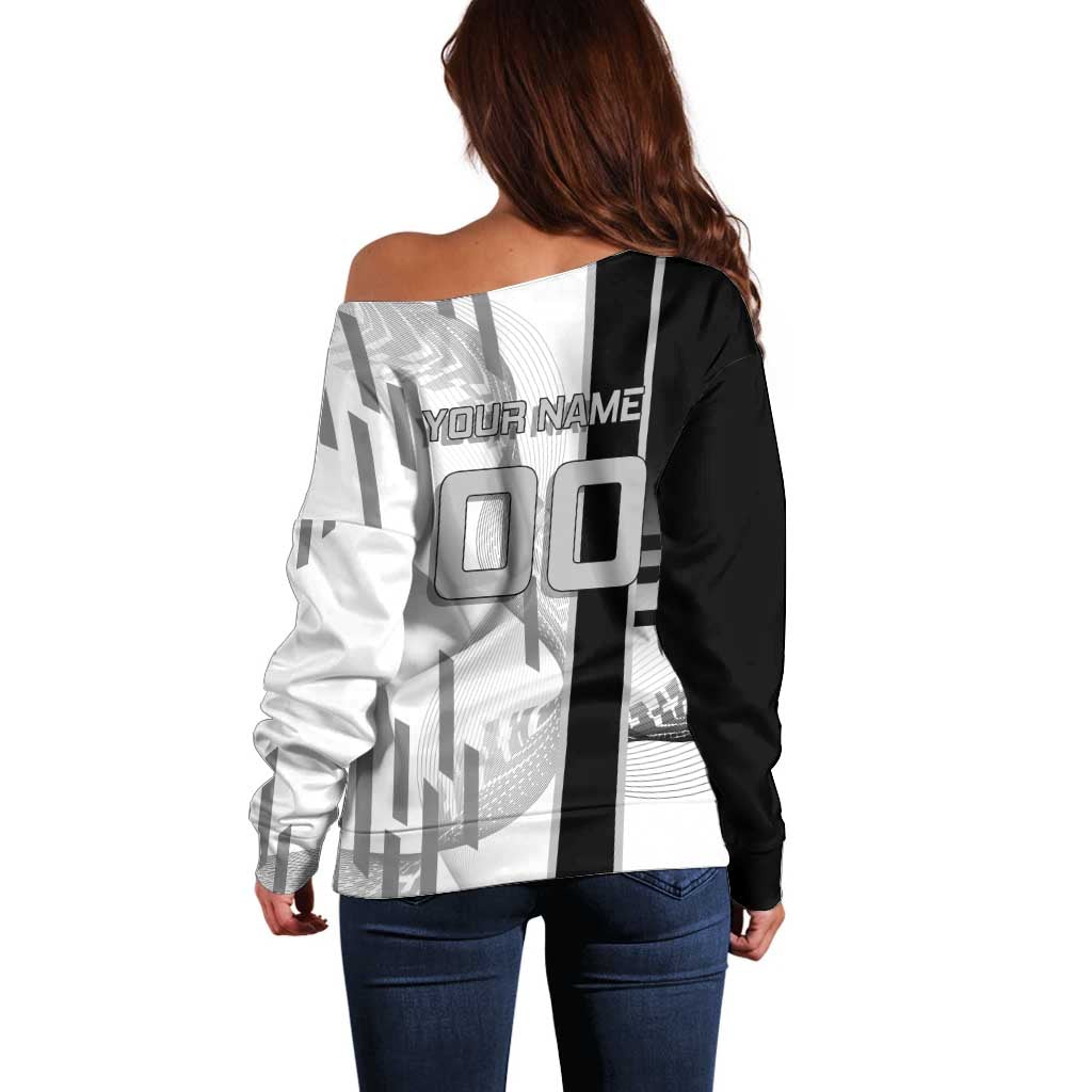 Personalized Obanai Iguro Demon Slayer Badminton Off Shoulder Sweater with Racket Action Pose and Black White Graphic Design - The Mazicc