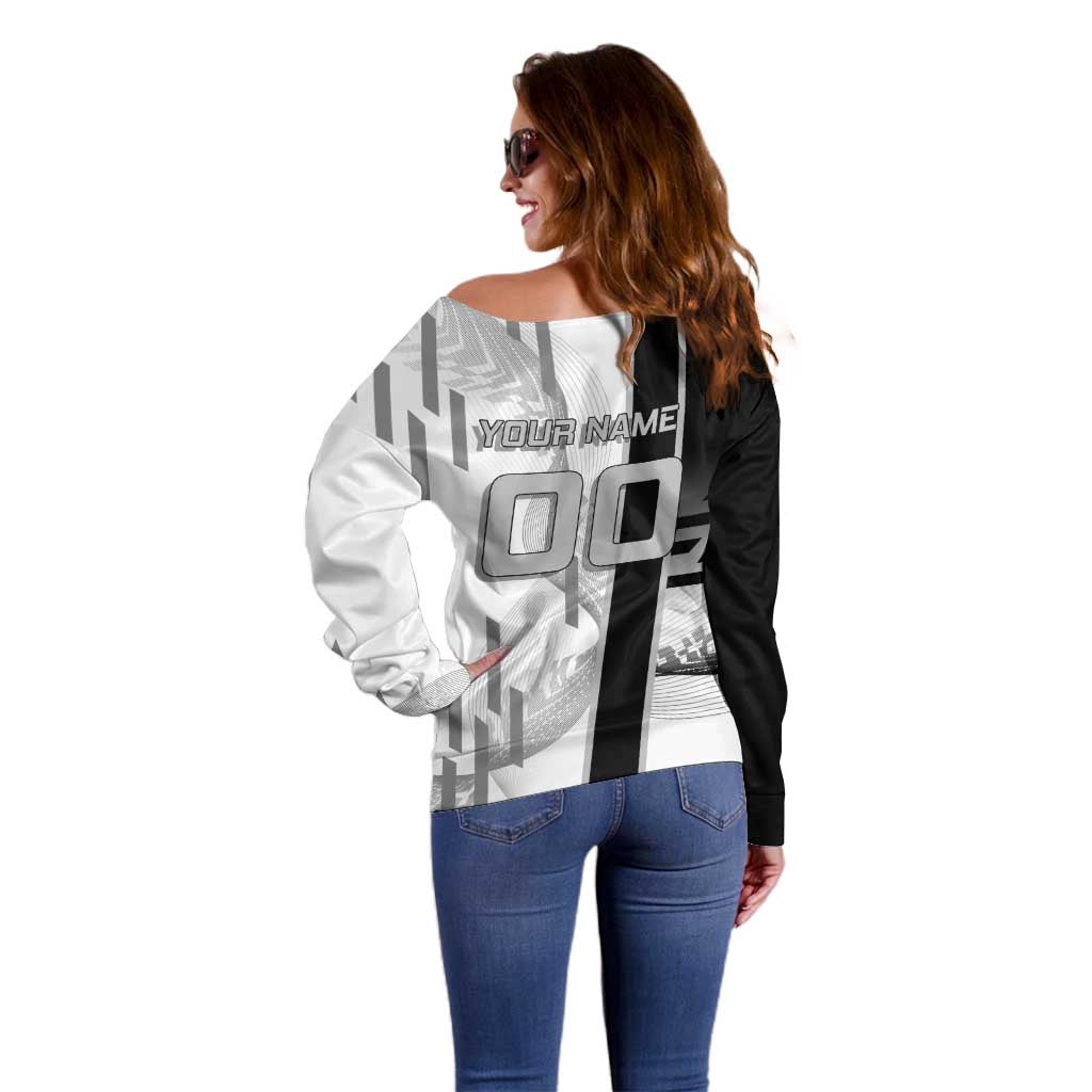 Personalized Obanai Iguro Demon Slayer Badminton Off Shoulder Sweater with Racket Action Pose and Black White Graphic Design - The Mazicc