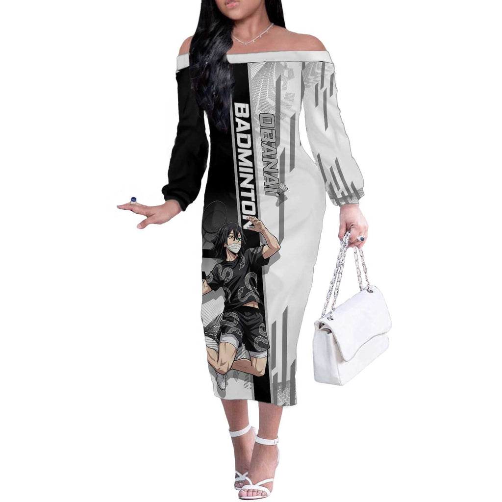 Personalized Obanai Iguro Demon Slayer Badminton Off The Shoulder Long Sleeve Dress with Racket Action Pose and Black White Graphic Design - The Mazicc