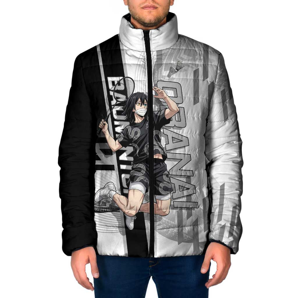 Personalized Obanai Iguro Demon Slayer Badminton Padded Jacket with Racket Action Pose and Black White Graphic Design - The Mazicc