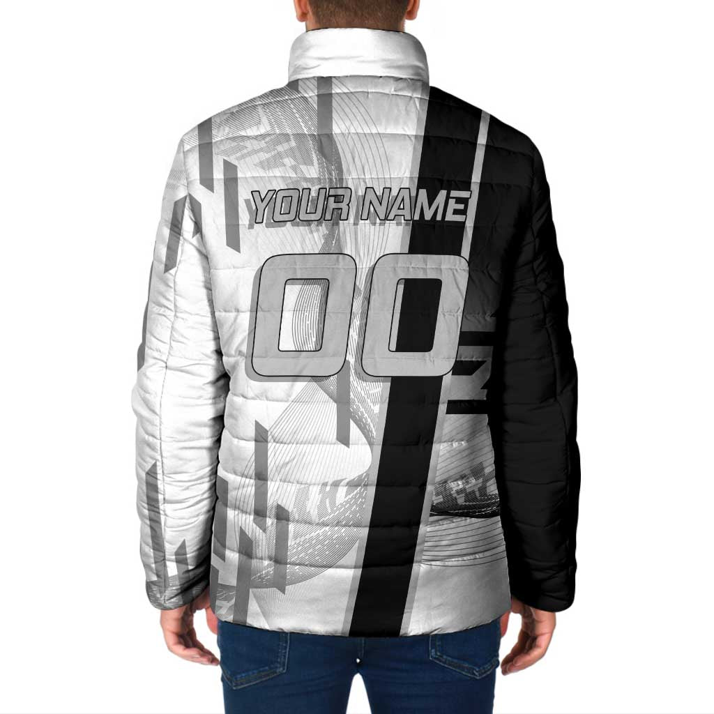 Personalized Obanai Iguro Demon Slayer Badminton Padded Jacket with Racket Action Pose and Black White Graphic Design - The Mazicc