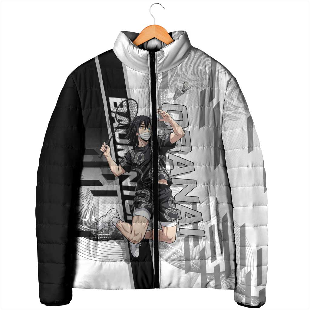 Personalized Obanai Iguro Demon Slayer Badminton Padded Jacket with Racket Action Pose and Black White Graphic Design - The Mazicc