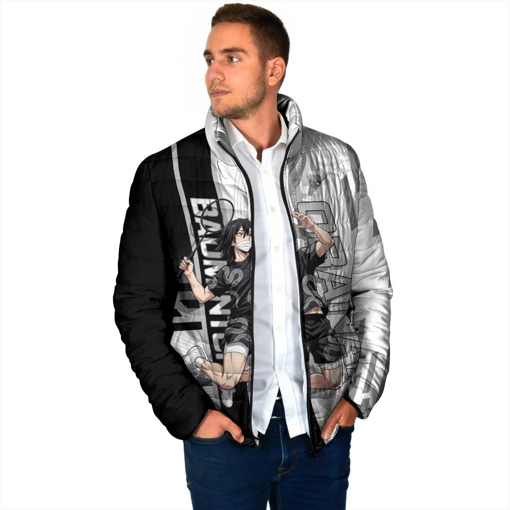 Personalized Obanai Iguro Demon Slayer Badminton Padded Jacket with Racket Action Pose and Black White Graphic Design - The Mazicc